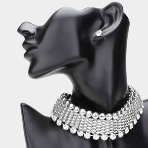 Stone Embellished Chunky Metal Choker Statement Necklace